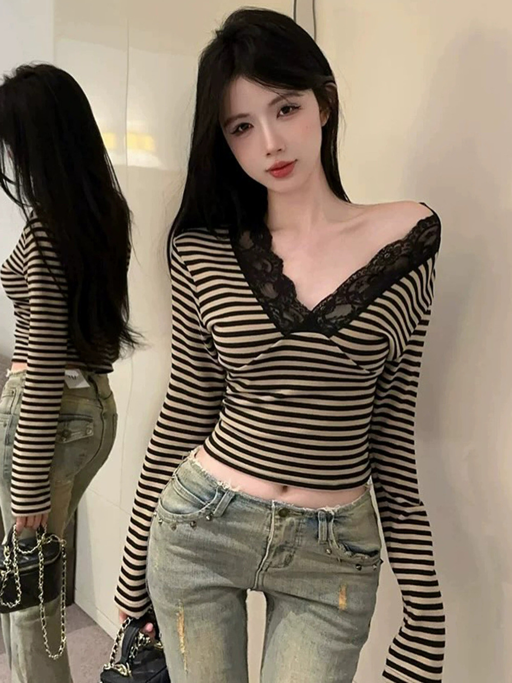 ZARA Autumn Sexy Striped Lace Patchwork Slim Fit Long Sleeve T Shirt Top